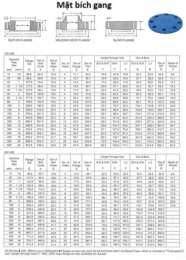 Bảng kích thước mặt bích gang mù